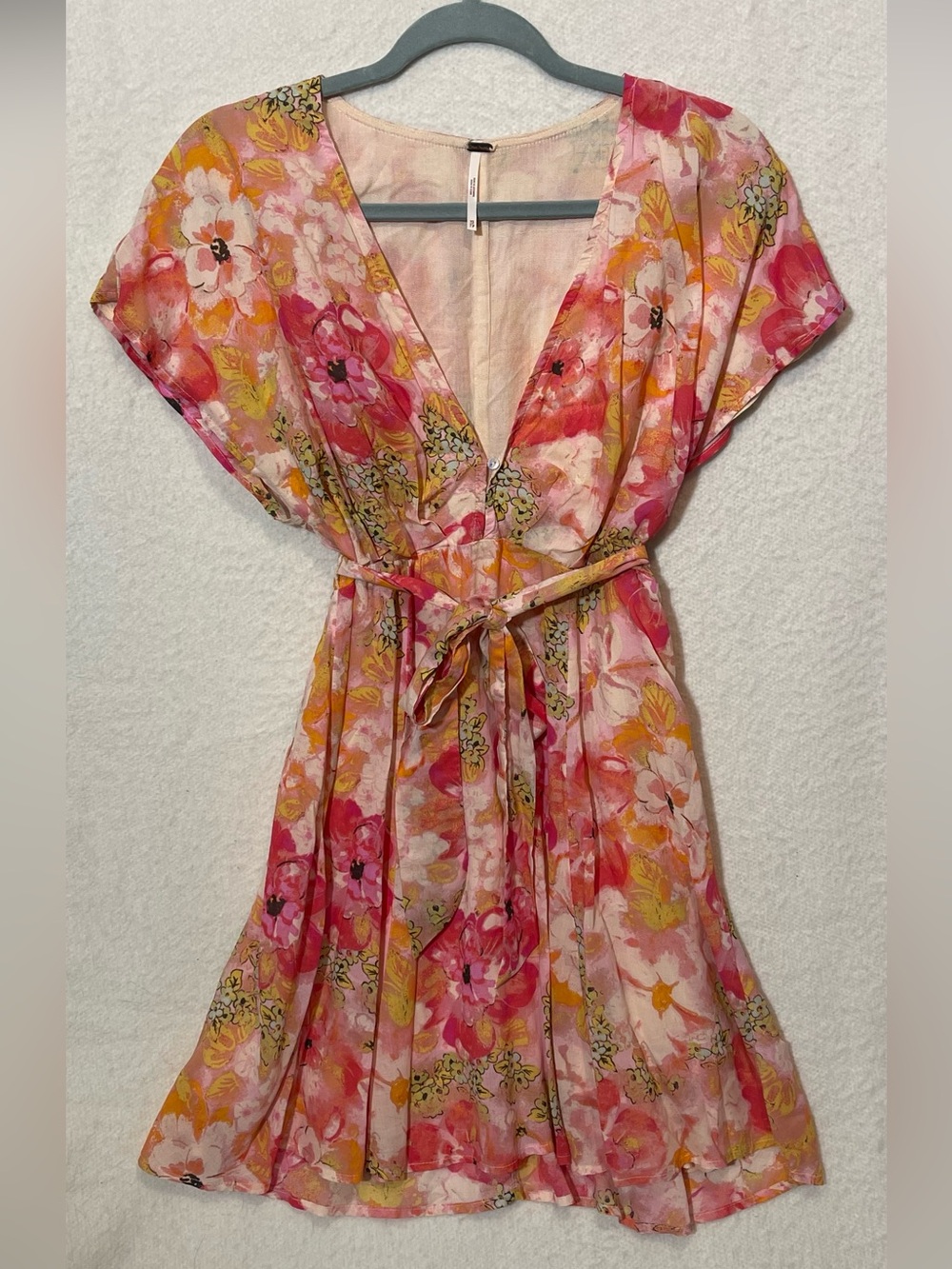 Free People Pink Floral V-Neck Midi Dress with Tie Waist